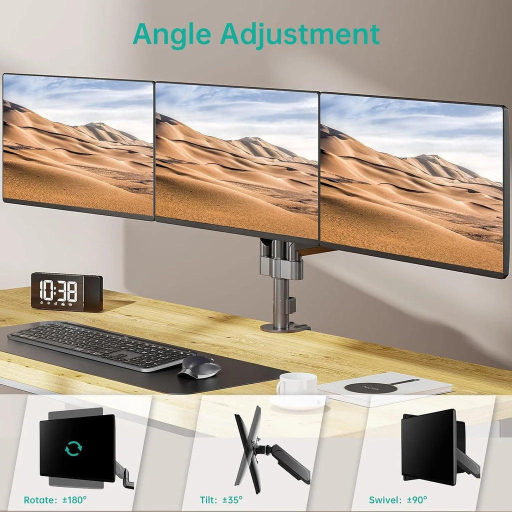 Black three-arm gas spring monitor mounting arm for 13-27 inch screens with aluminium alloy construction