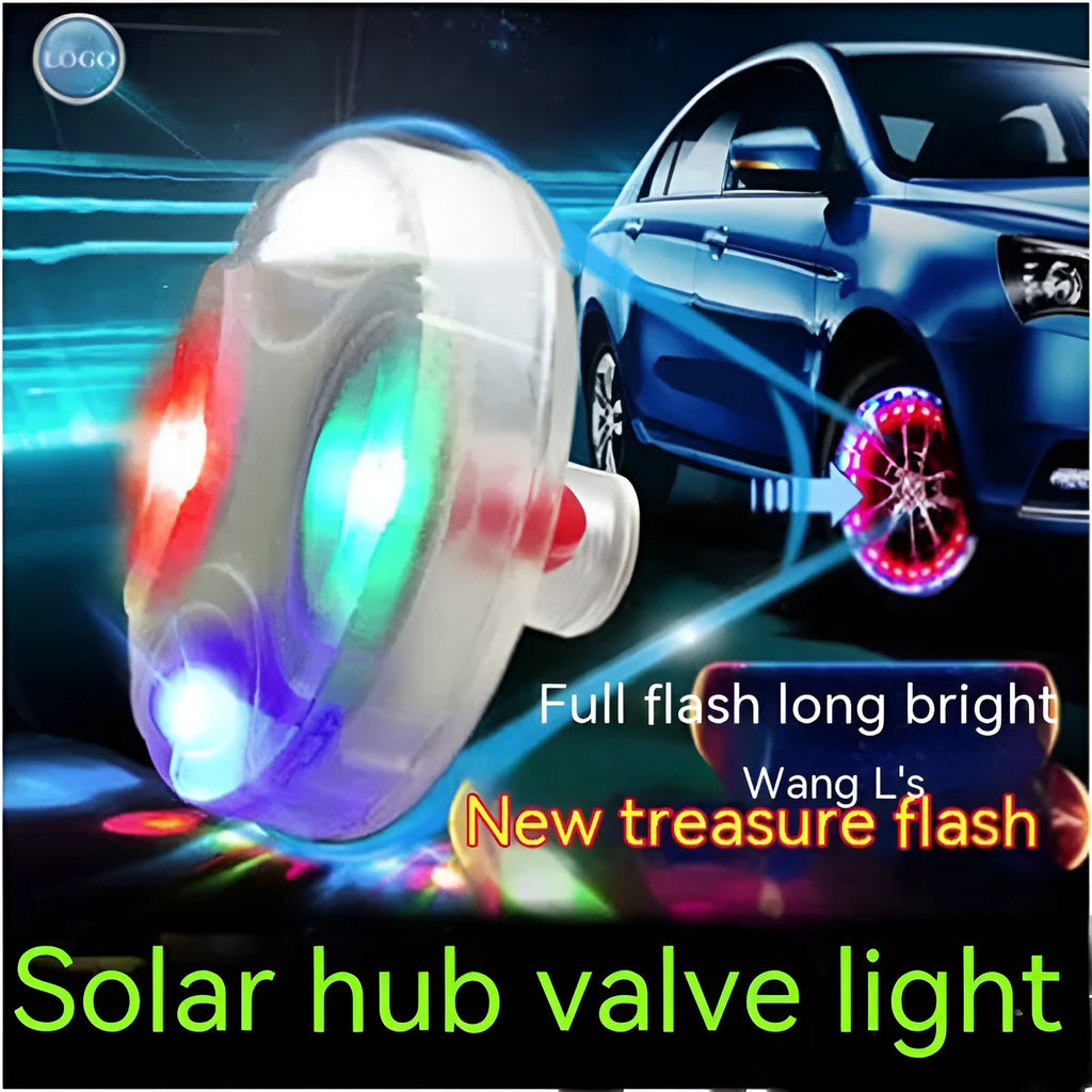 Solar-powered valve stem light for car and motorcycle wheels with colour changing LEDs.