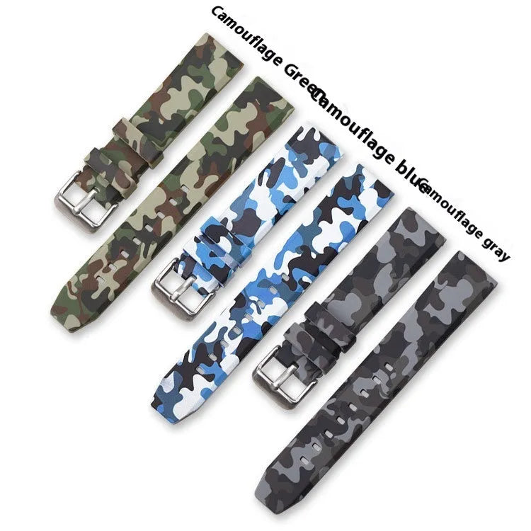 Green camouflage silicone watch strap with flat head lugs, showing 20mm width size.
