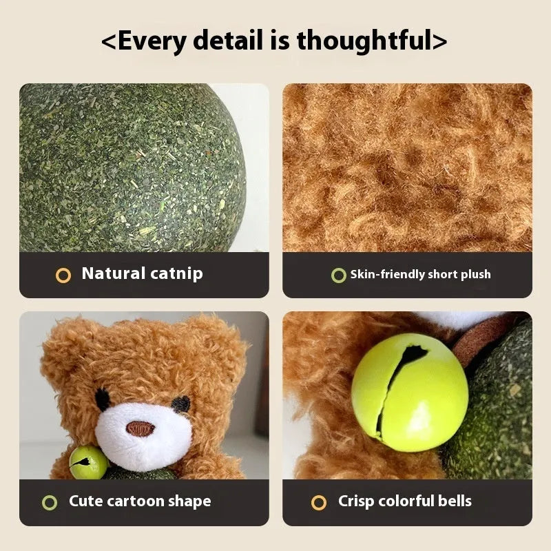 Brown bear plush catnip toy with mint ball centre and bell for feline dental care and play