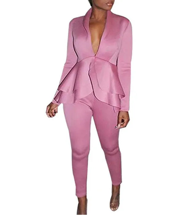Business casual shirt and pencil pants set in polyester fabric on a hanger.