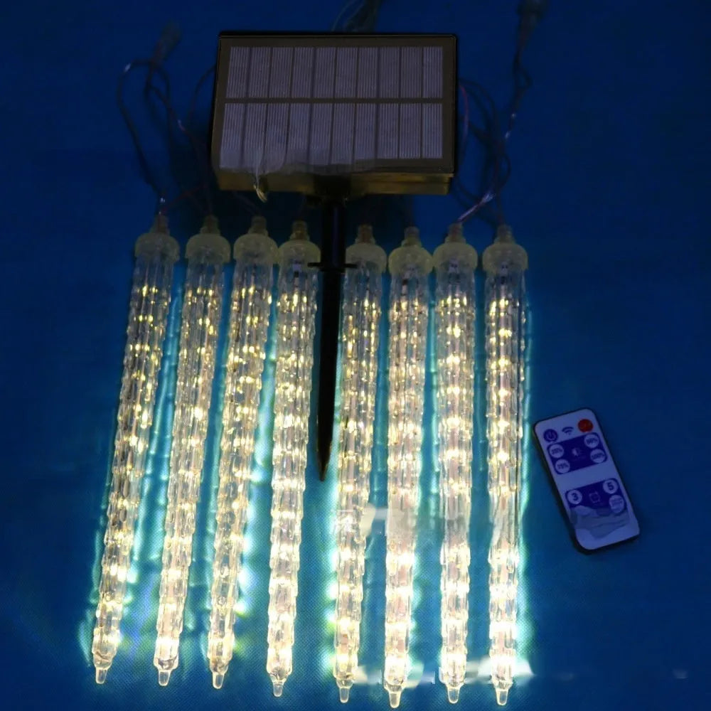 LED ice cone shaped meteor shower solar Christmas lamp with multiple 30cm stems in flower shape arrangement.