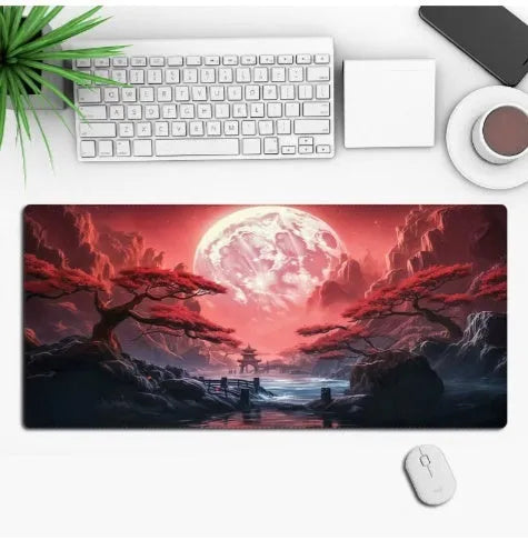 Custom anime graphic gaming mouse pad with non-slip rubber base on a wooden desk.
