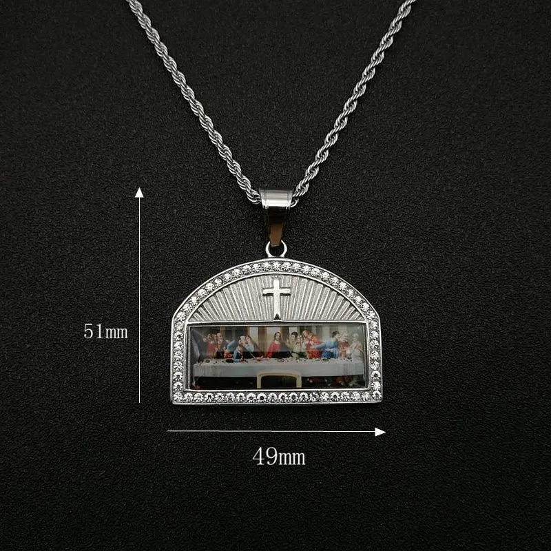 Titanium steel gold-plated thirteen apostles pendant necklace with gang drill texture on black background