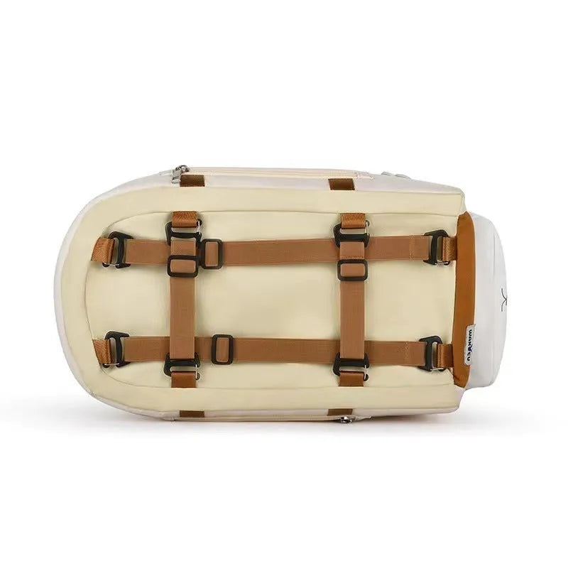 Beige hard-shell portable cat carrier with EPE padding for car and outdoor travel