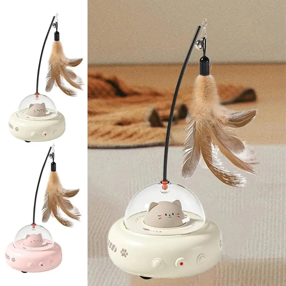 Pink or white rechargeable electric cat toy with feather teaser wand, 360 red light beam, ABS body, 11.5x11x28cm
