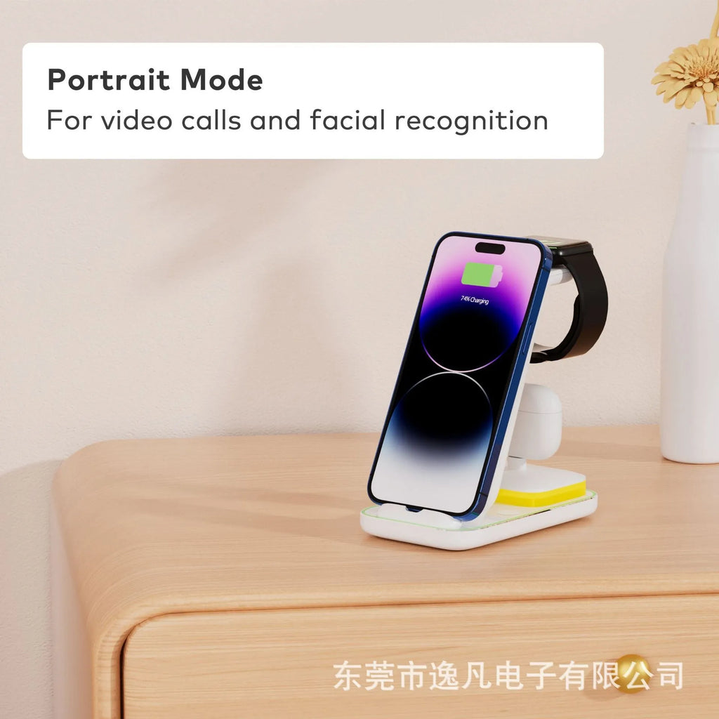 Black vertical wireless charger showing phone, smartwatch and earbuds charging simultaneously