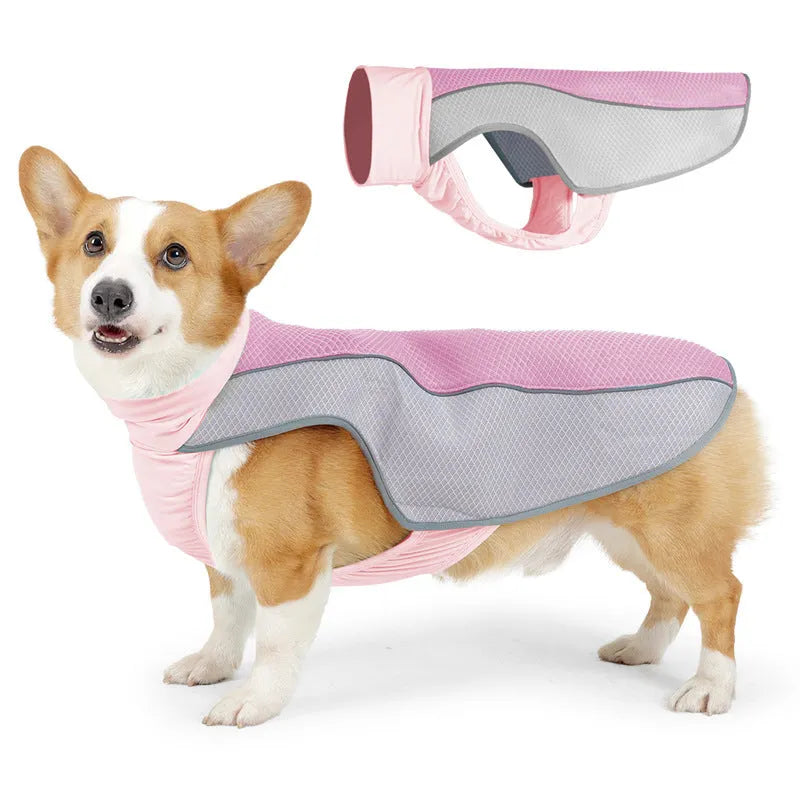 Light grey breathable polyester dog cooling vest for heatstroke prevention.