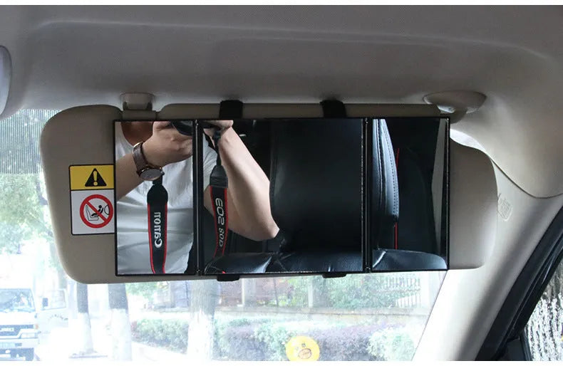 Silver car folding makeup mirror shown closed at 15.5cm and open at 30.5cm width.