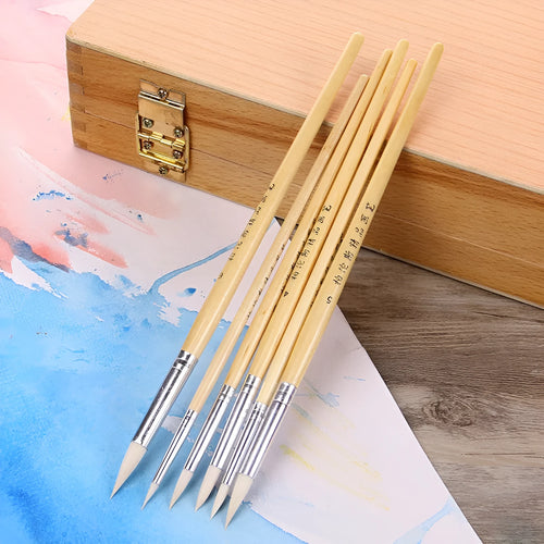Six wooden hook artistic brushes for line painting and detailed craft work in conventional colours
