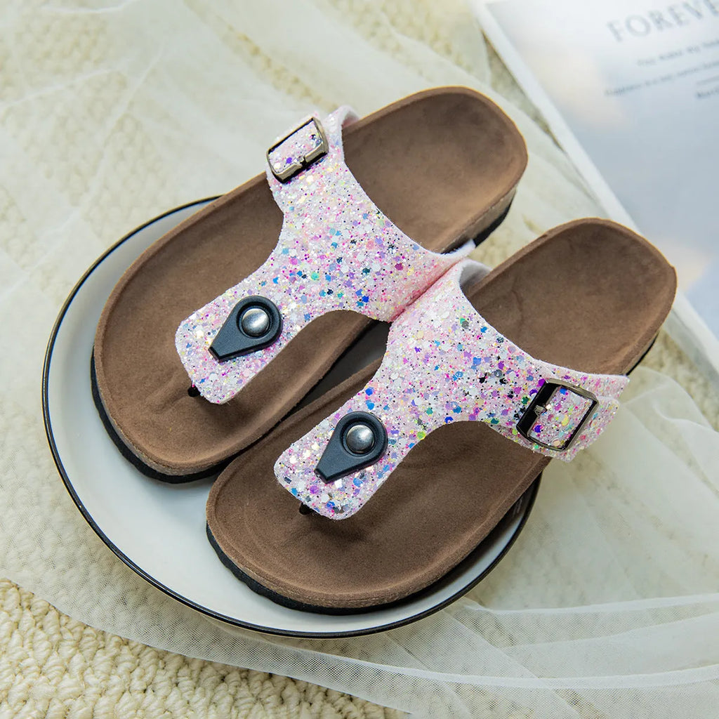 Cork flip-flops with frosted design in gold, pink or silver colours with non-slip PVC soles