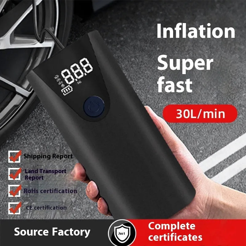 Car inflator with digital display and tyre pressure gauge on white background