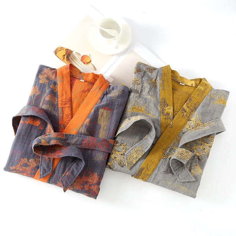 Pure cotton jacquard Chinese style belt nightgown in Gray Green for couples homewear