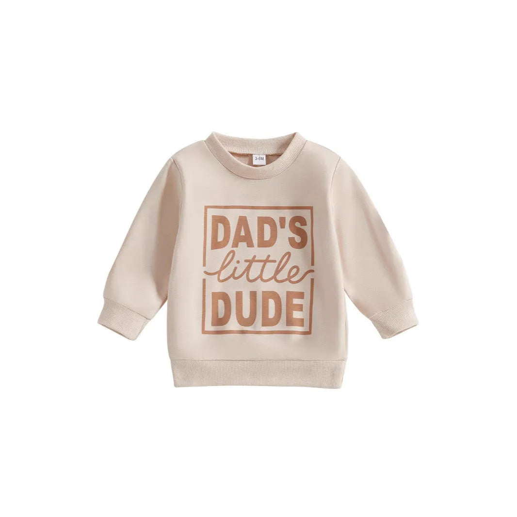 DADS LITTLE DUDE long-sleeved cotton sweater for babies, solid colour with letters, in blue, green, grey, black, khaki