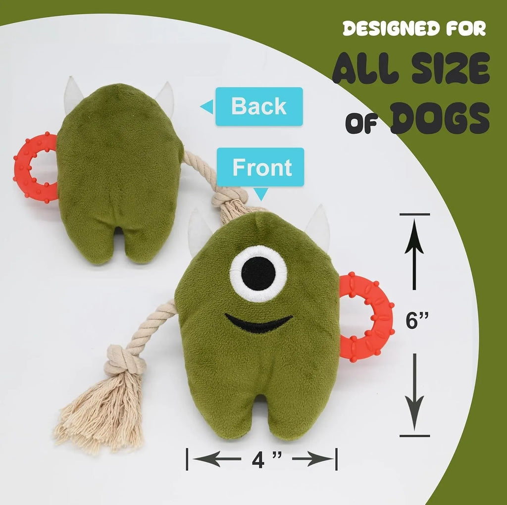 Blue and green monster dog toy with plush body and rope tug handles