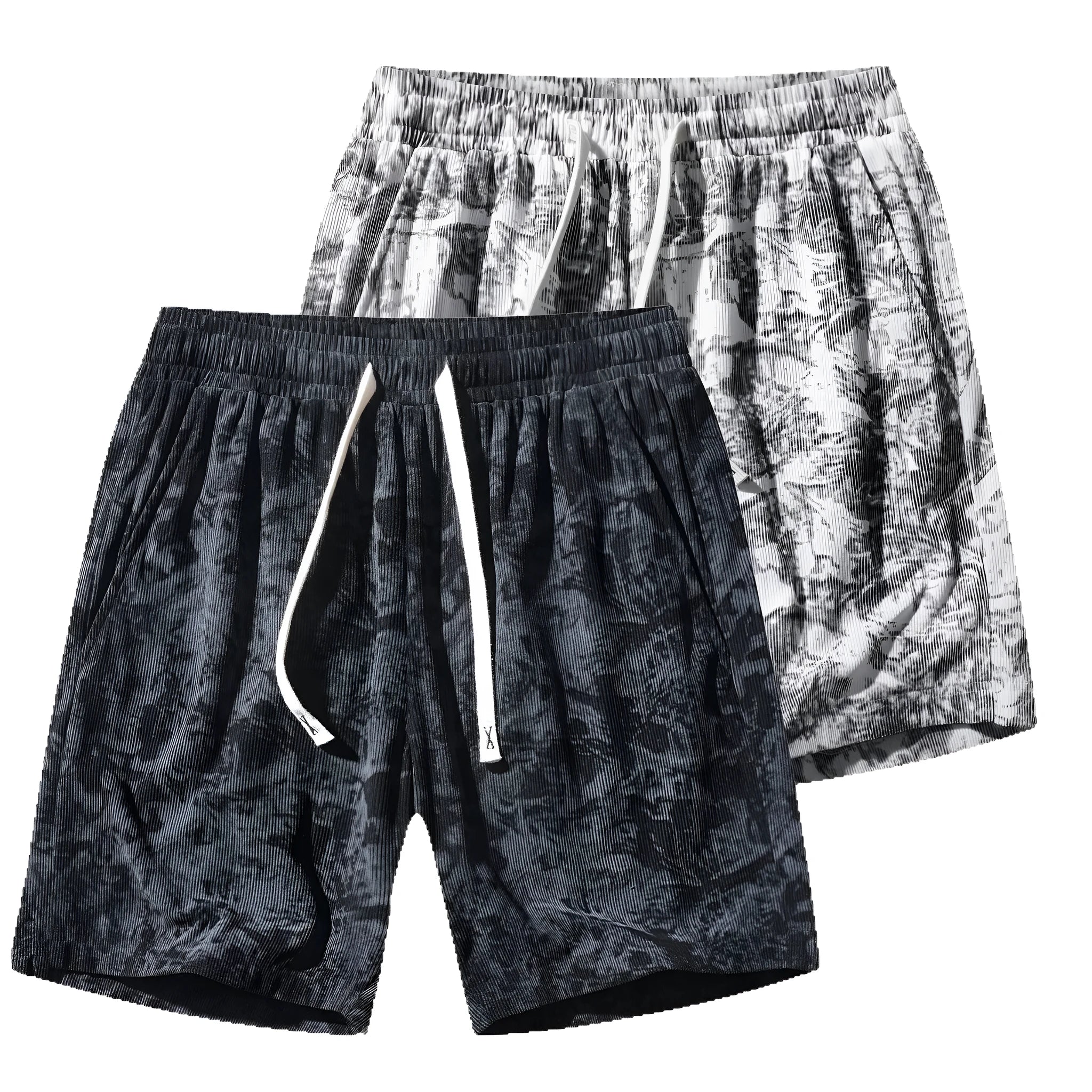 Men's camouflage pattern corduroy athletic shorts with high waistband and straight leg design