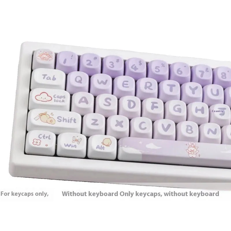 Set of purple gradient key caps with a rabbit graphic, shown on a mechanical keyboard.