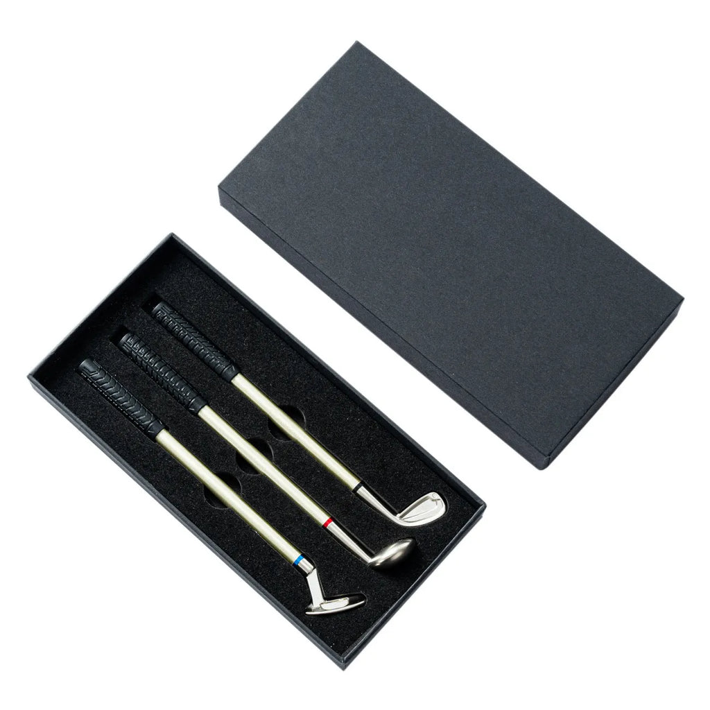 Three metal ballpoint pens with 0.7mm bullet nibs and suit golf design refills