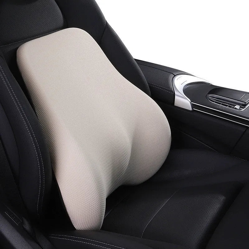 Ergonomic car headrest and lumbar support cushion with BASF memory foam in breathable starry sky net fabric on a car seat