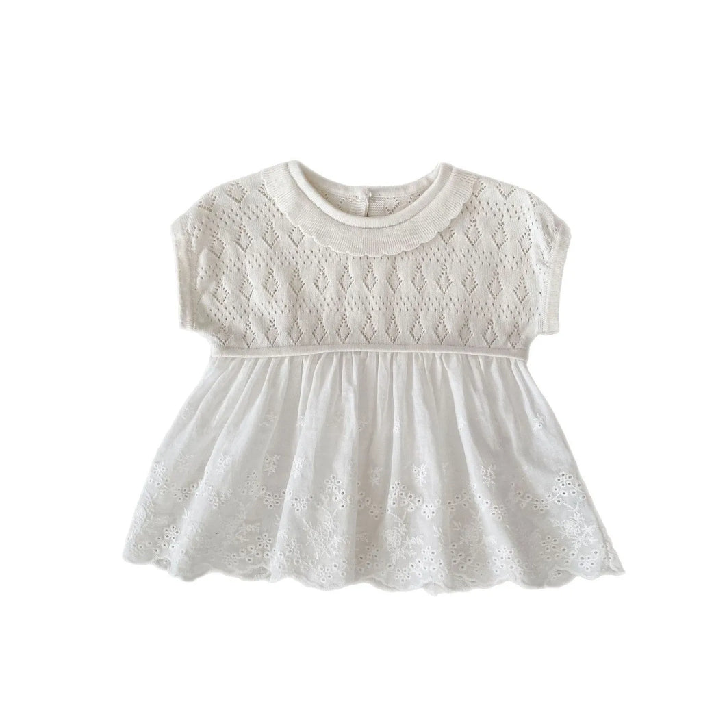 Girls' creamy-white sleeveless crocheted lace swing top in cotton fine yarn, princess style knitted stitching