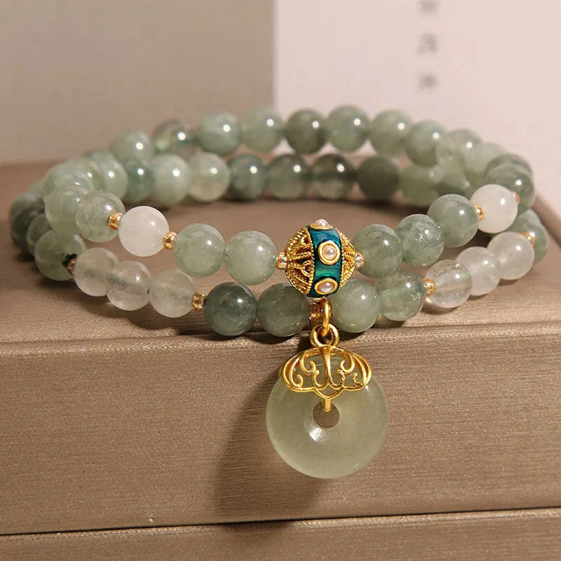 Women's aventurine double-layer crystal bracelet with oil green jade elements and peace buckle closure