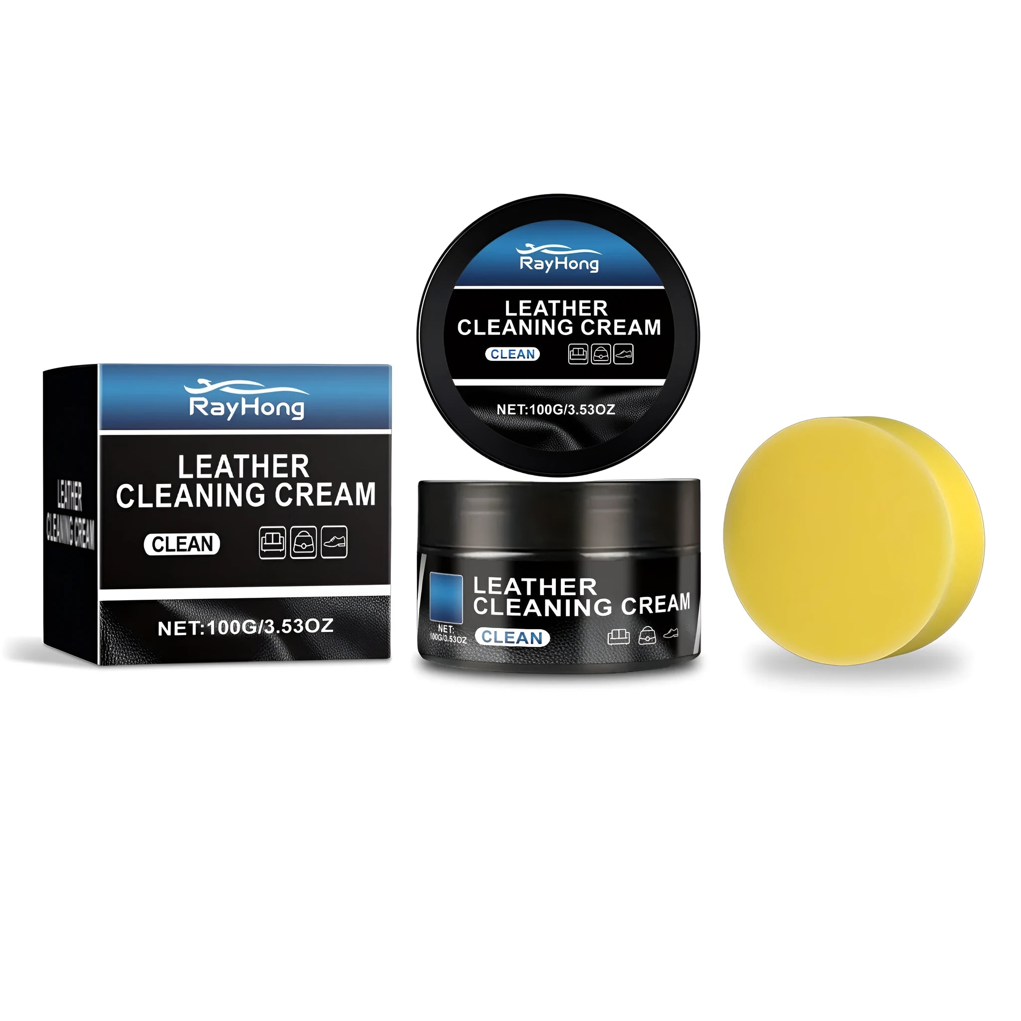 Leather cleaning cream in a 100g bottle with a sponge beside it, product label visible