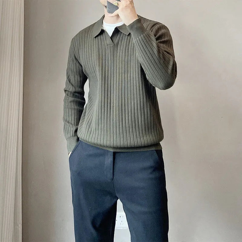 Boys black knitted pullover sweater with lapel stripes and elastic loose fit