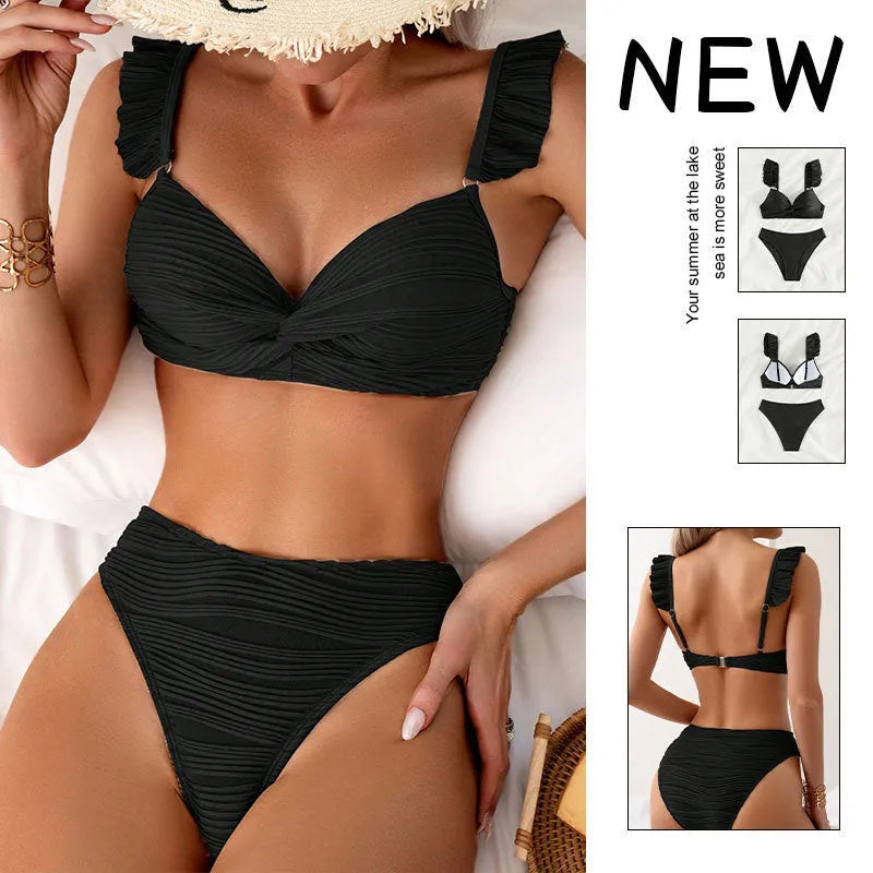 Women's solid colour bikini swimsuit in black or khaki polyester fabric