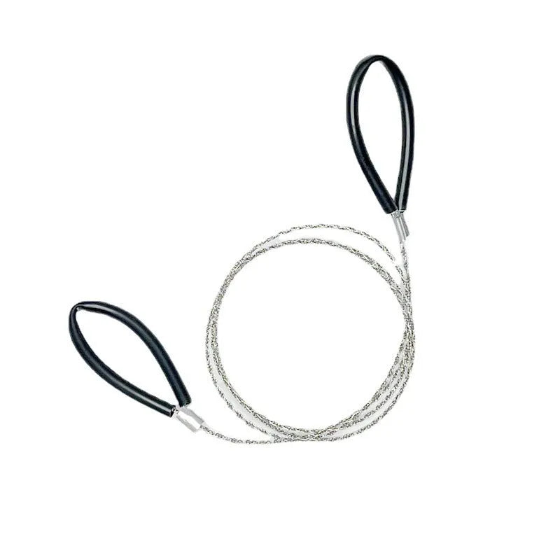 German stainless steel survival wire saw coiled inside a black leather hand case.