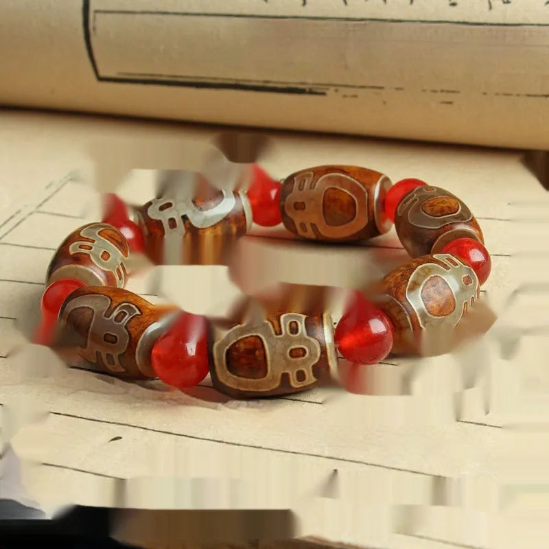Distressed agate Tibet beads bracelet with three eye dzi design and polished stone beads