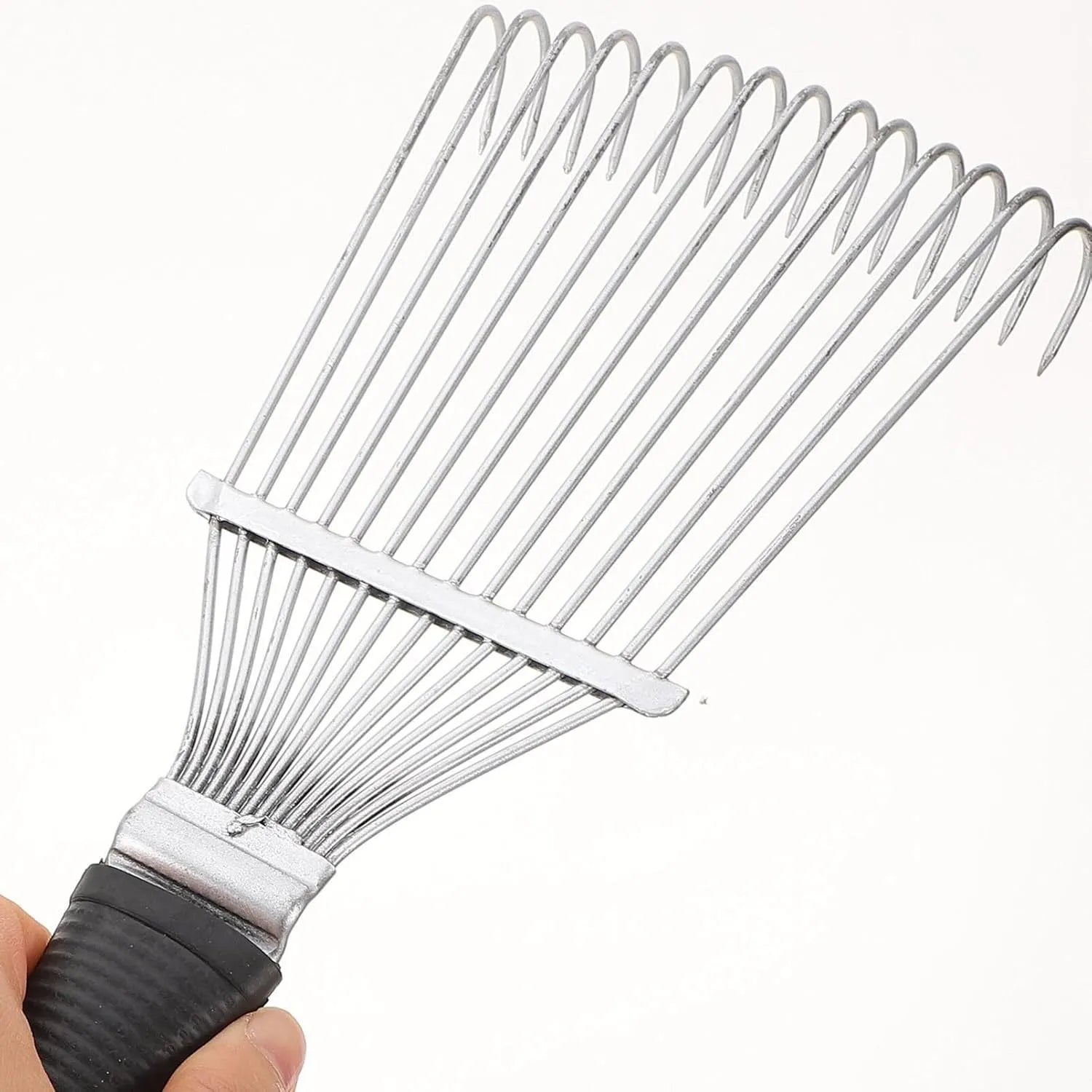 Black stainless steel pet dematting brush rake comb with curved teeth for grooming dogs and horses.