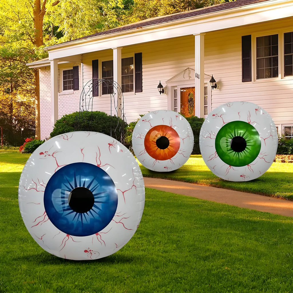 Green Halloween eyeball balloon with red bloodshot veins, shown inflated to 40 cm diameter.
