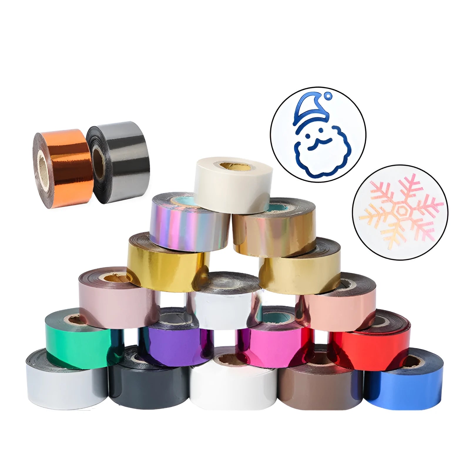 Rolls of electrochemical aluminium hot stamping foil in various colours like gold and silver with 3cm and 5cm widths.