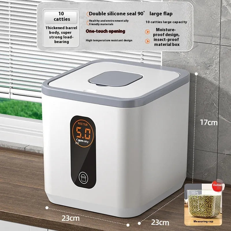 Grey plastic insect-proof rice storage jar with a measuring cup, shown in different size options.