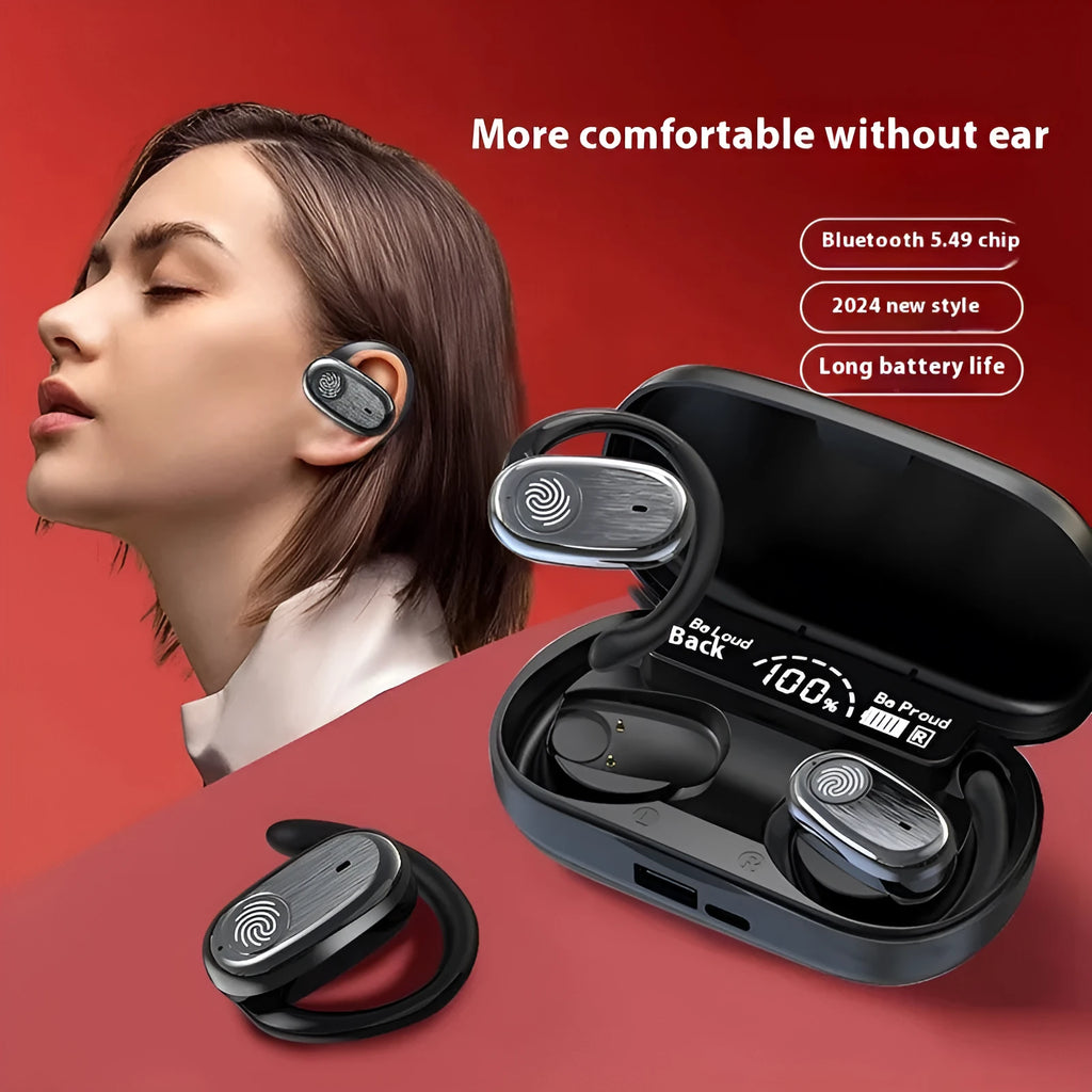 Wireless sports headset with hanging ear design, black top version, digital display, PC ABS material