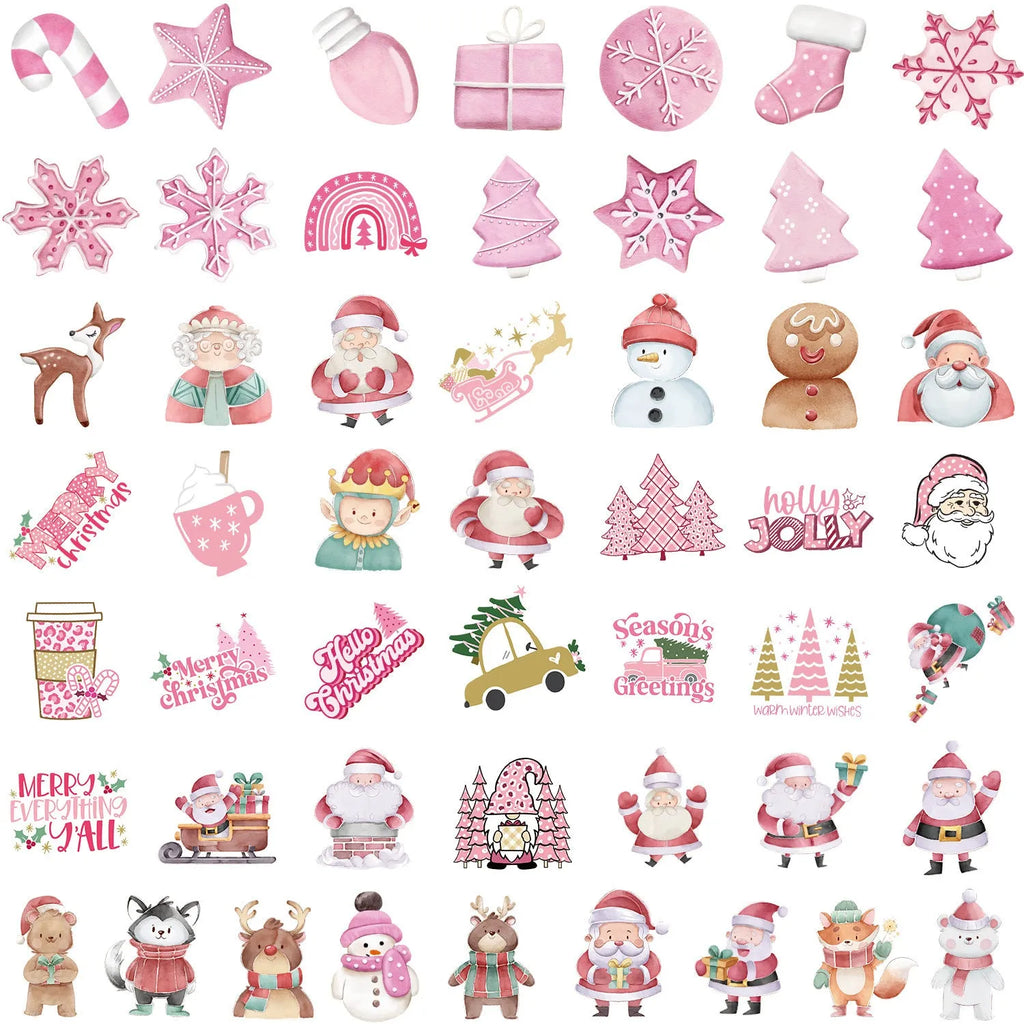 Pack of 50 colourful cute Christmas decoration stickers for cars, phones, and laptops.