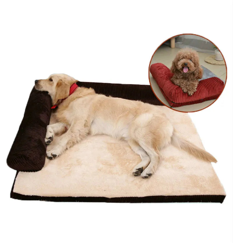 Corduroy dog sofa bed with bolster sides in grey colour on wooden floor