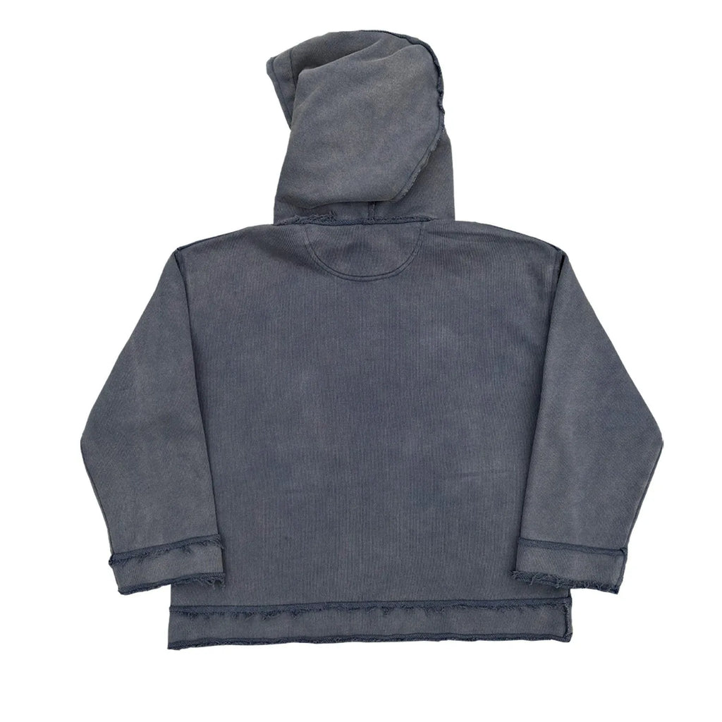 A reverse dark blue coloured hoodie sweater laid flat, showing its hood and front design.