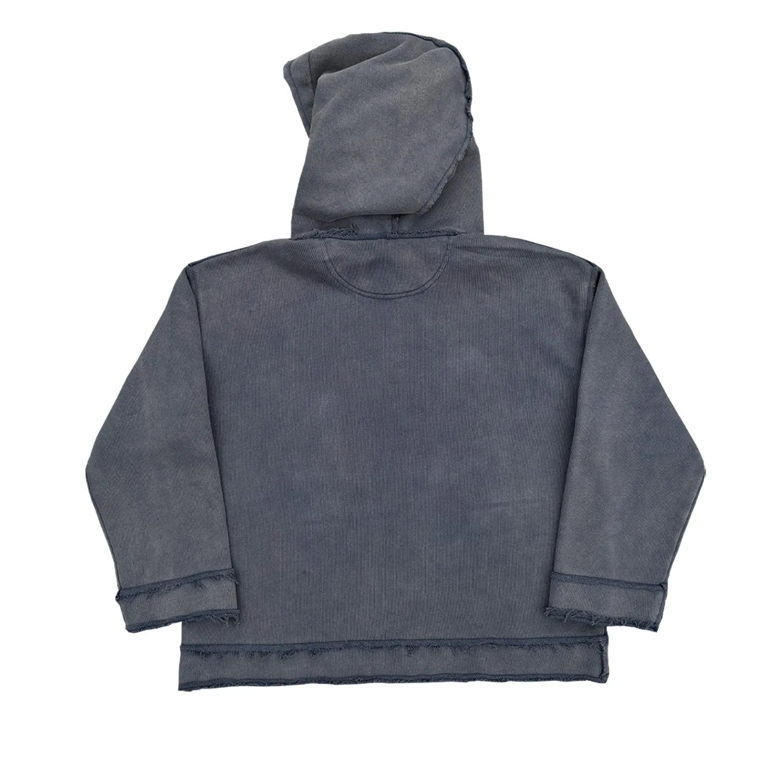 A reverse dark blue coloured hoodie sweater laid flat, showing its hood and front design.