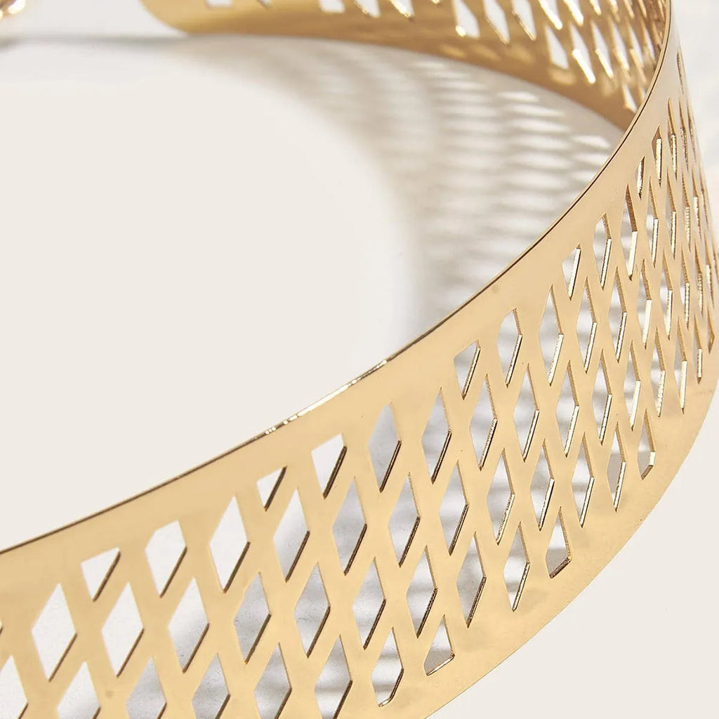 Gold thick waist belt with iron ring design, hook fastening, shown laid flat displaying full 105cm length.