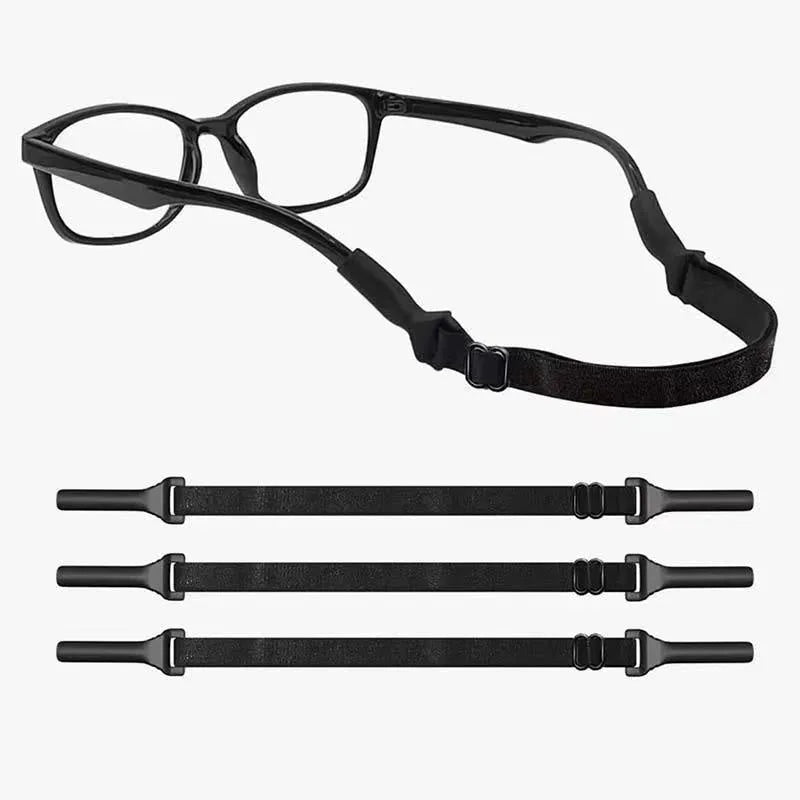 Black adjustable glasses cord strap with silicone earpiece ends shown on spectacles