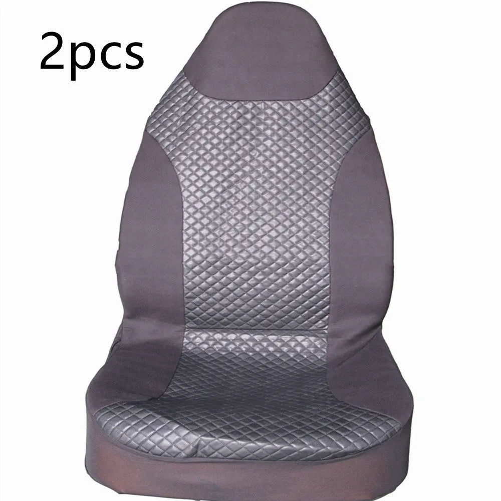 Black quilted universal car seat cover made from PU and polyester fabric.