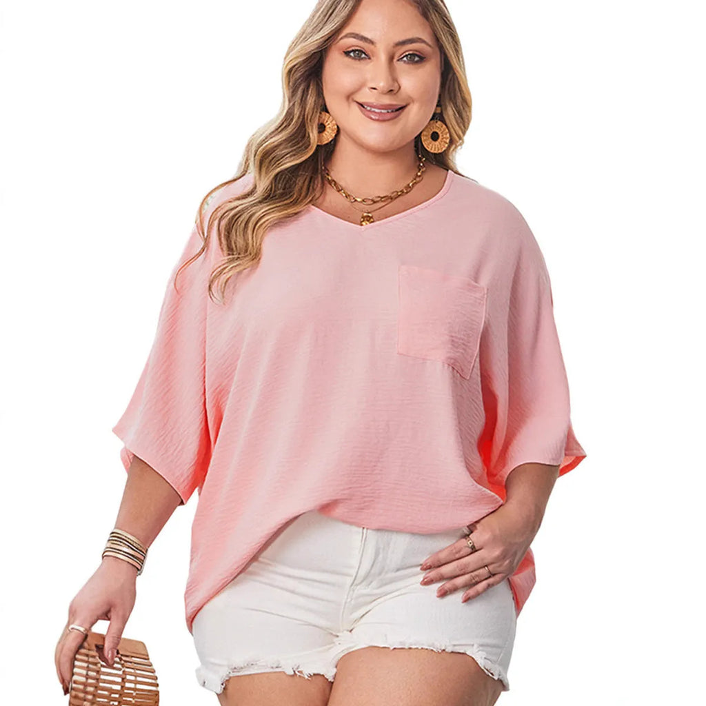 Women's plus size short sleeve T-shirt in pink or green, loose fit, sizes XL-4XL, 50cm length, half sleeves