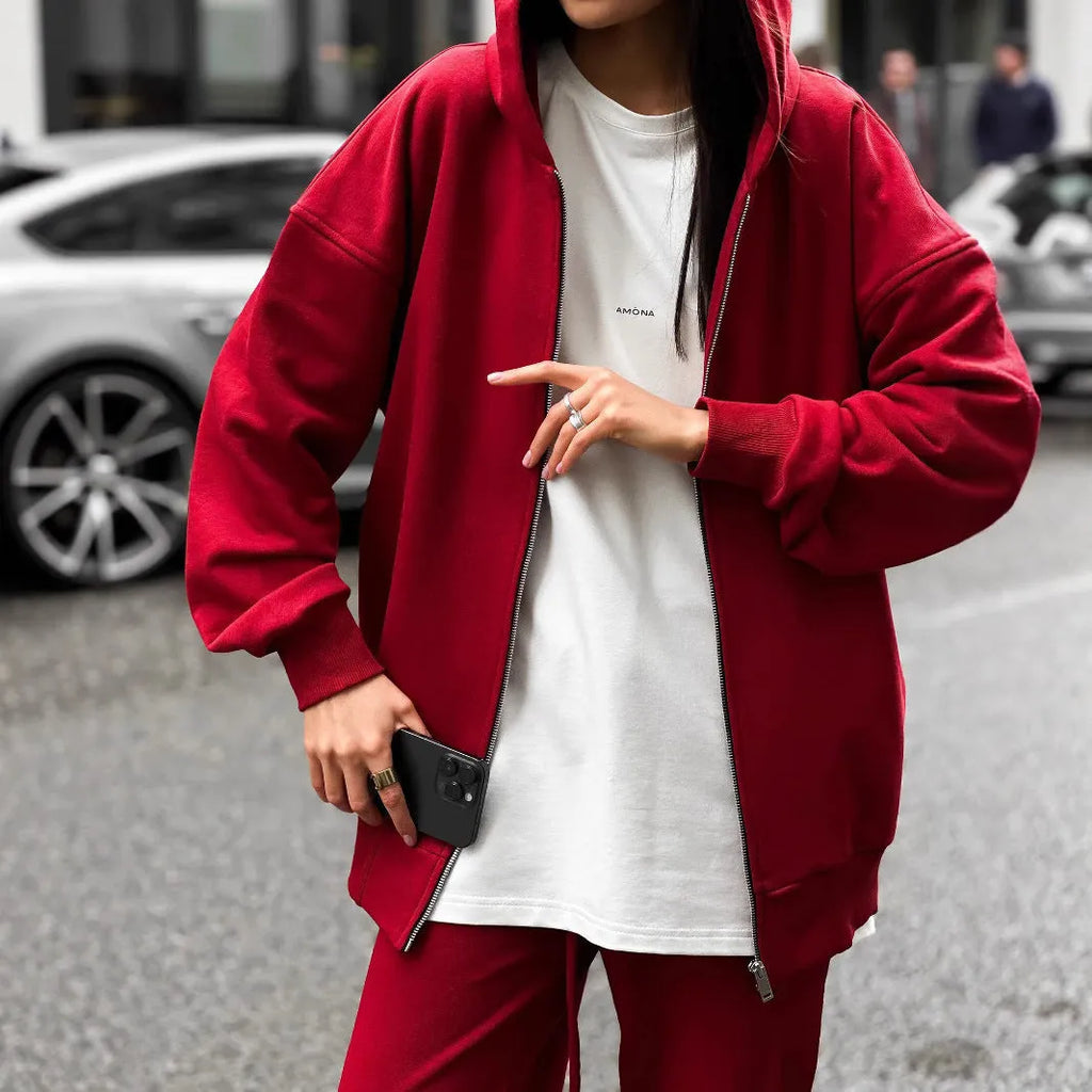 Street style long-sleeved coat and trousers two-piece set in grey colour