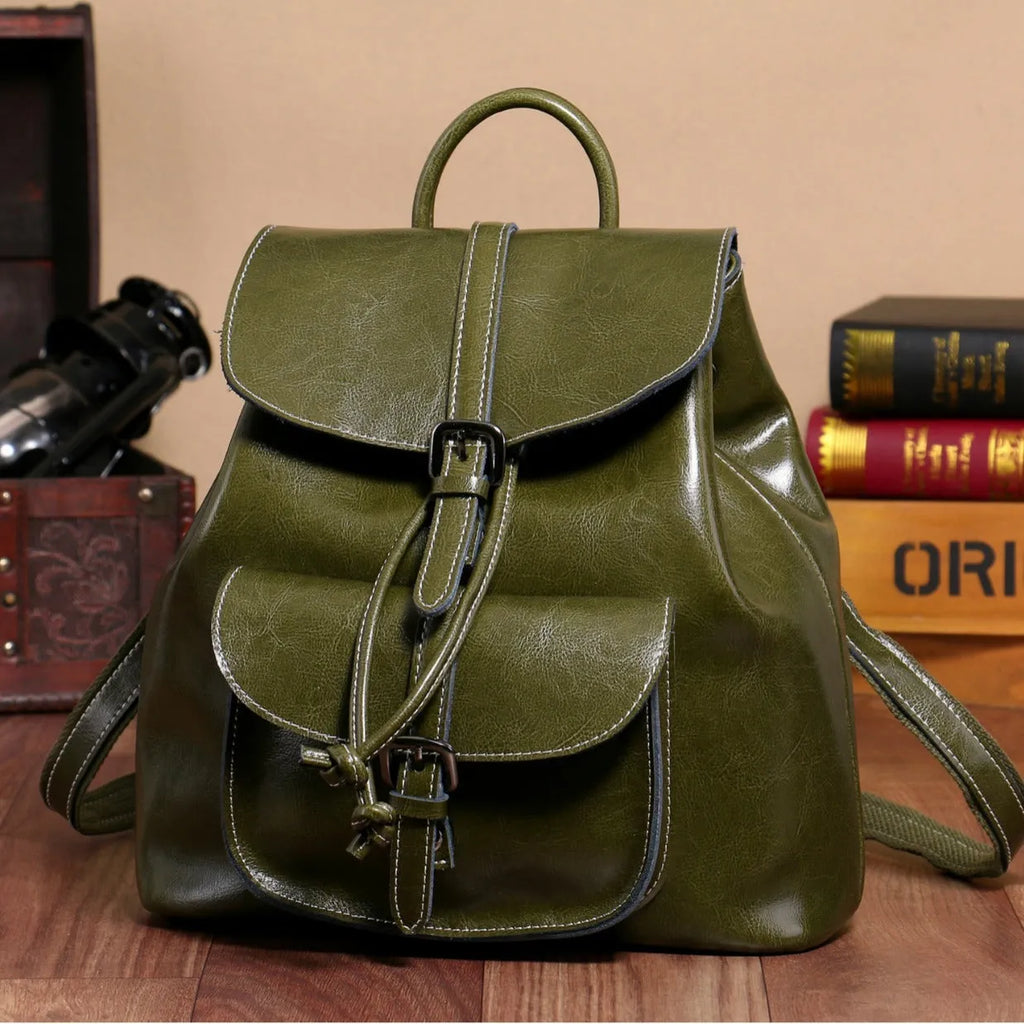 Genuine leather Korean-style backpack with cowhide pocket and pull-belt in Black, 28x30x12cm