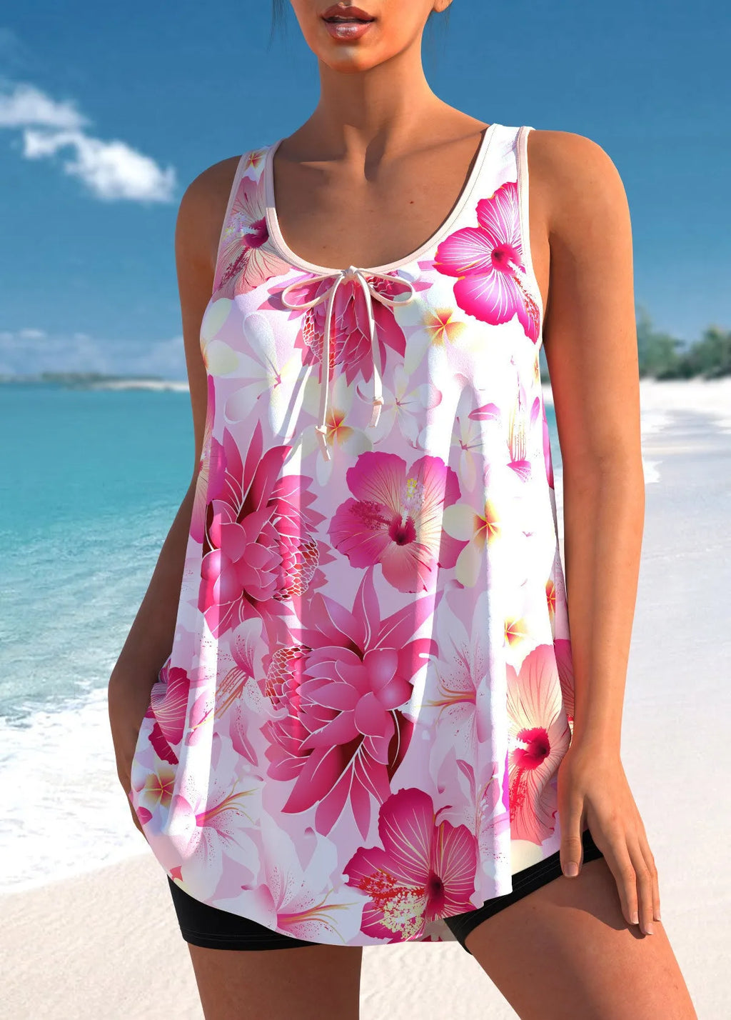 Pink printed tankini swimsuit for plus-size women with high-waist briefs