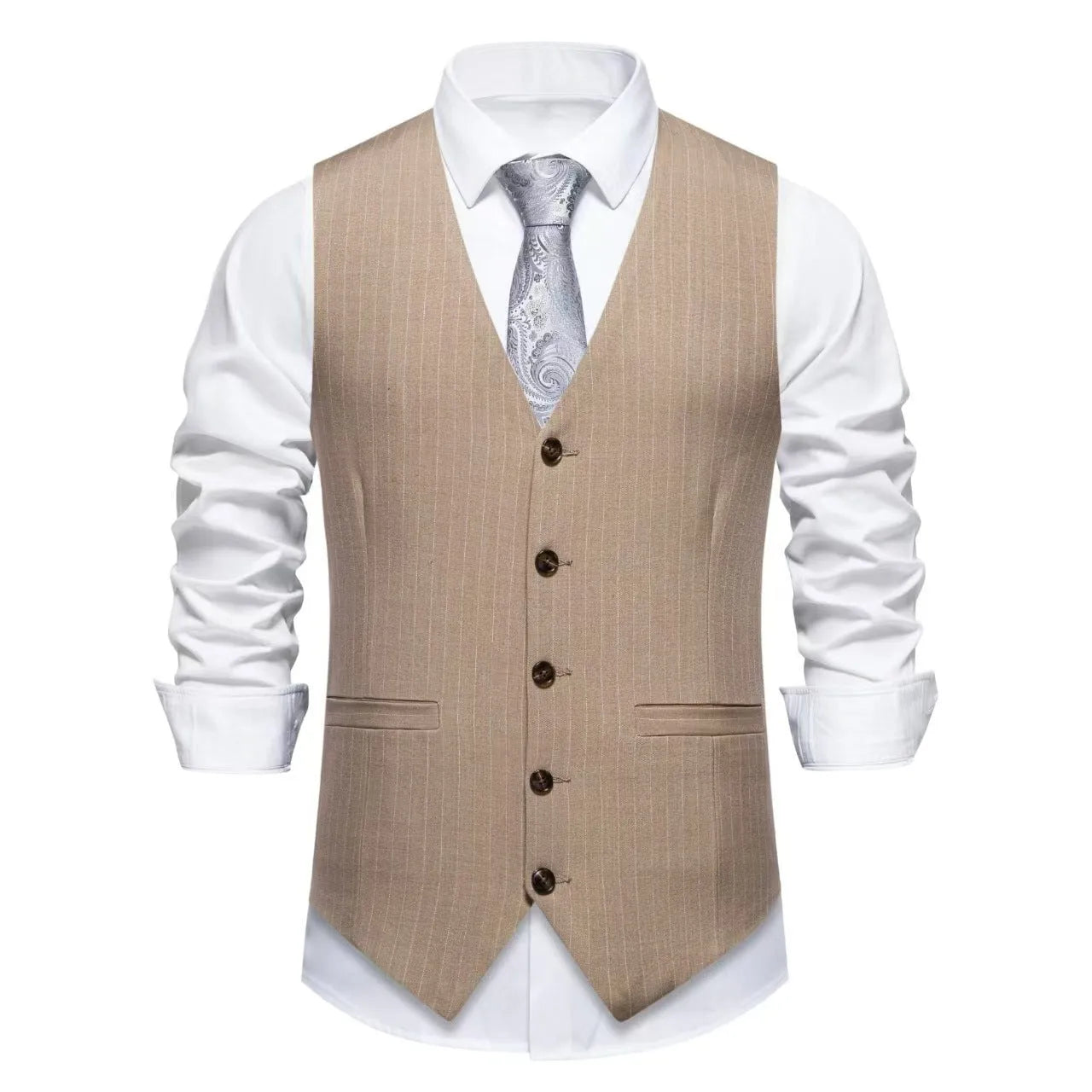 Men's striped suit vest in black, red, or khaki, showing mitre bottom hem and pocket detail.