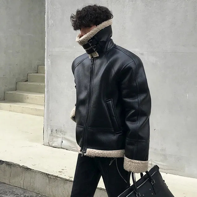 Men's black fleece padded collar lambskin leather jacket made from PU material