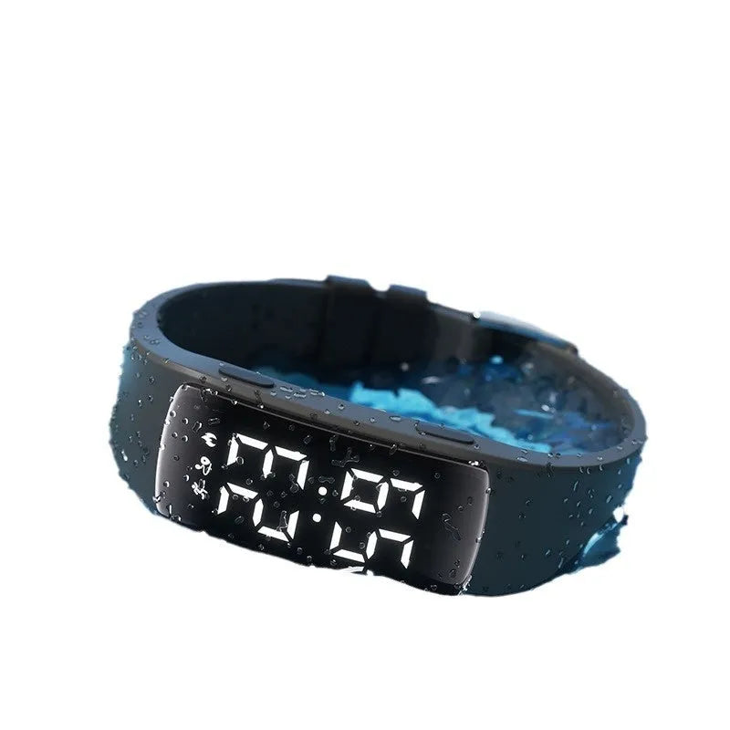 Smart waterproof electronic watch with vibration alarm on silicone strap, showing LED display and ABS case