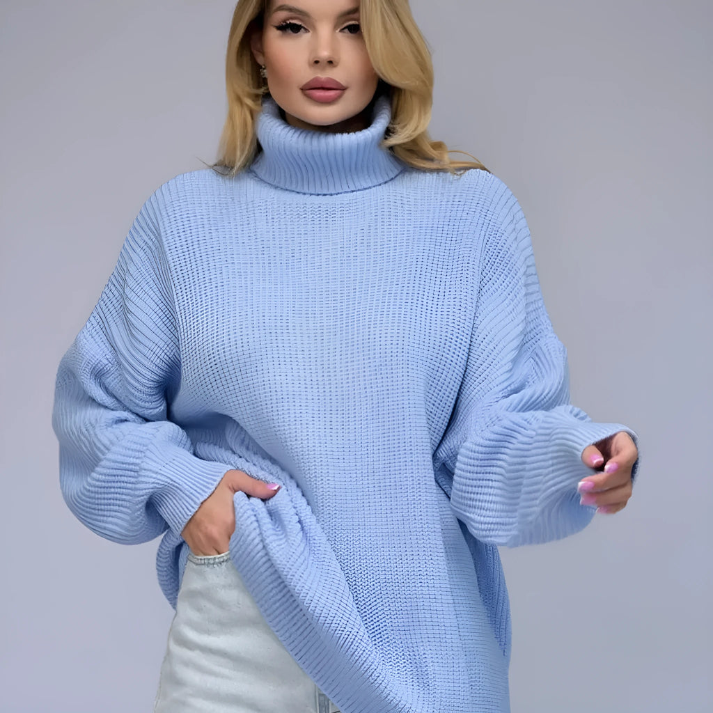 Women's loose-fit high neck pullover sweater in thick imitation cashmere fabric with a 3D pattern.